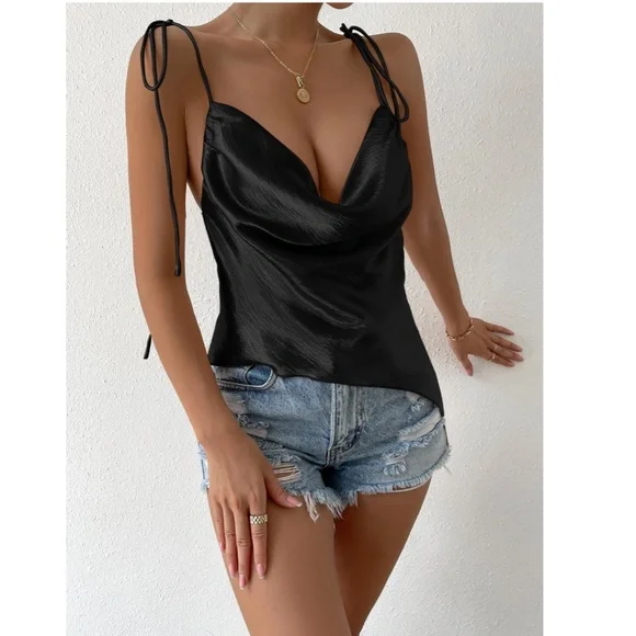 Black Glamorous Cowl Neck Ties Straps Camisole Top Satin - Picture 4 of 10
